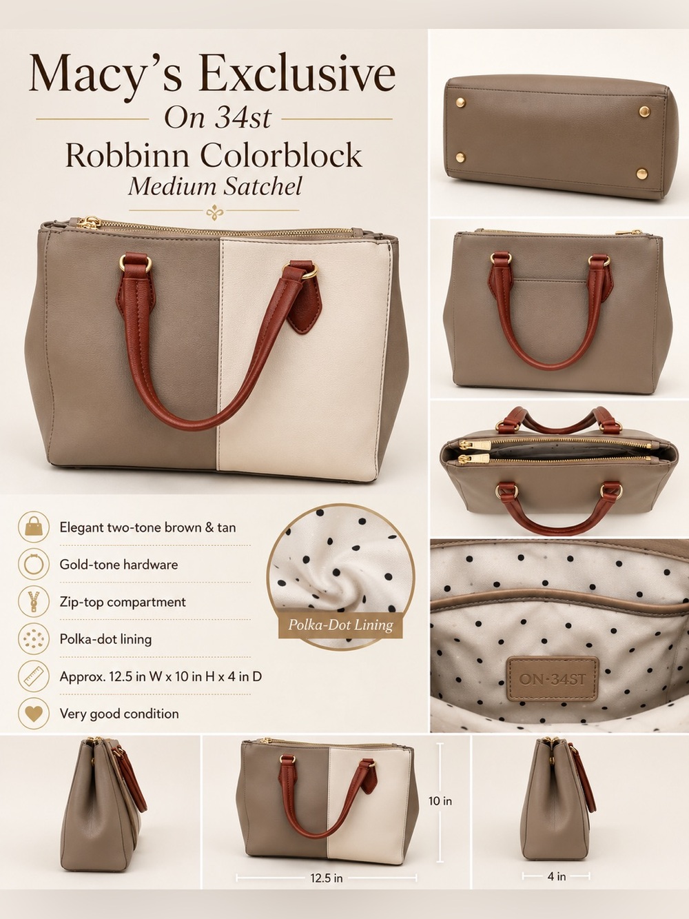 Robbinn Macys On 34st Street Two-Tone Color Block Beige and Cream  Brown Handles